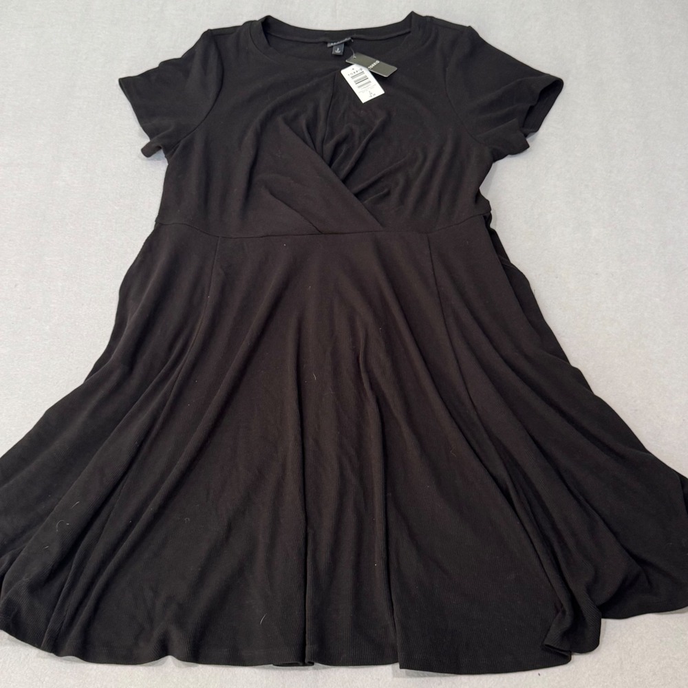 Torrid Skater Dress Women 2X Black Ribbed Draped Surplice Short Sleeve New